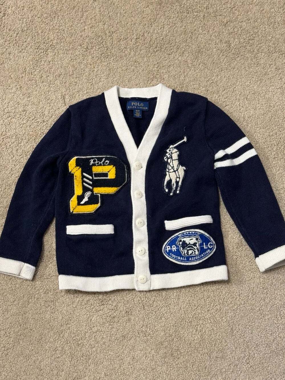 Polo Ralph Lauren Varsity Letterman Cardigan Sweater Navy Blue Size 4/4T